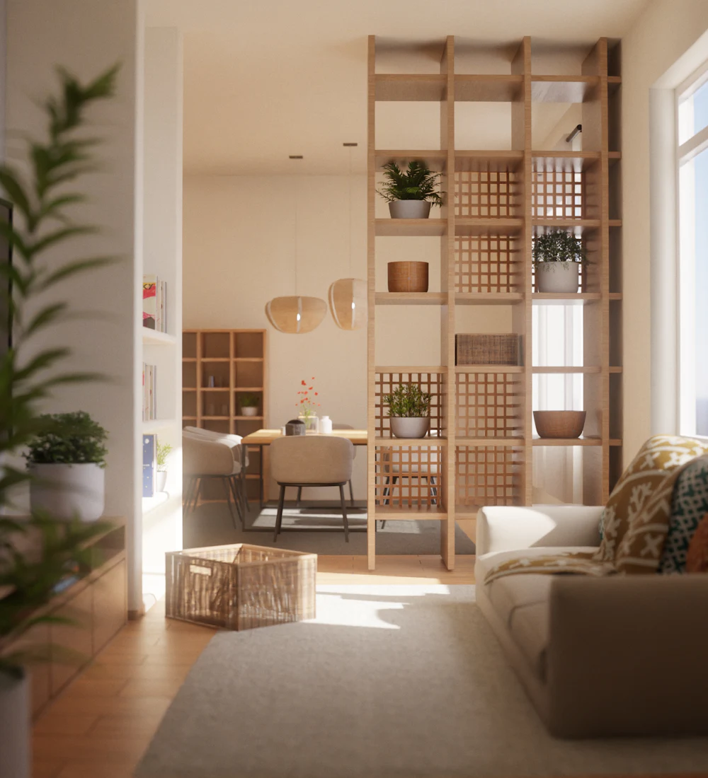 Helles Wohnzimmer mit Holzregalen